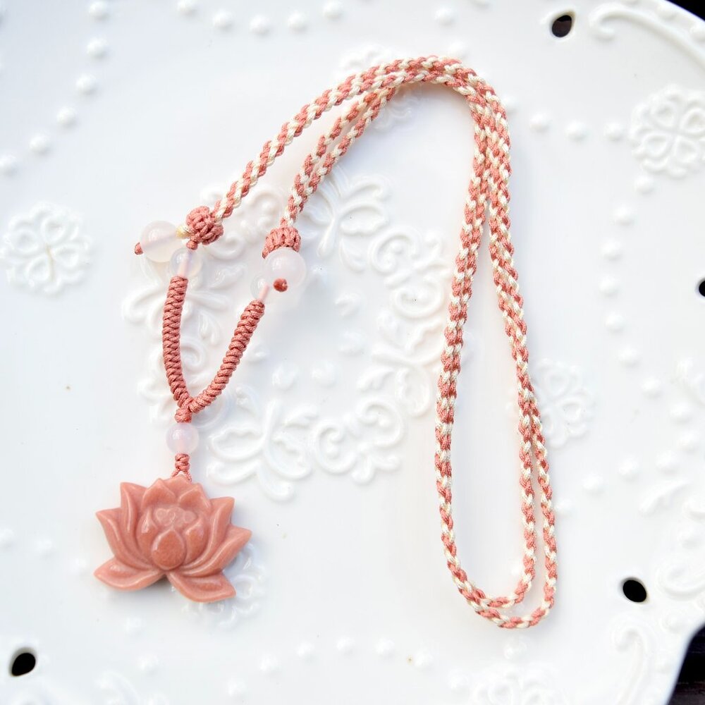 Pink Lotus Purple Peony Pendant Rope Necklace - Aventurine Quartz Jade Pendant